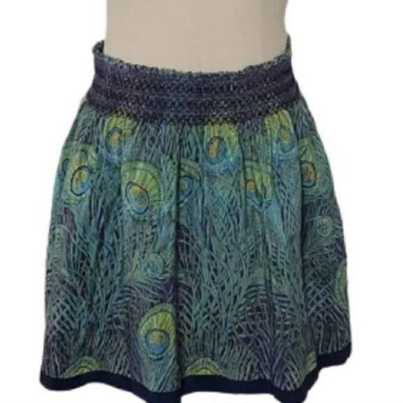 Anthropologie Silk Skirt Peacock Feather Print Kimchi Blue - Picture 2 of 14